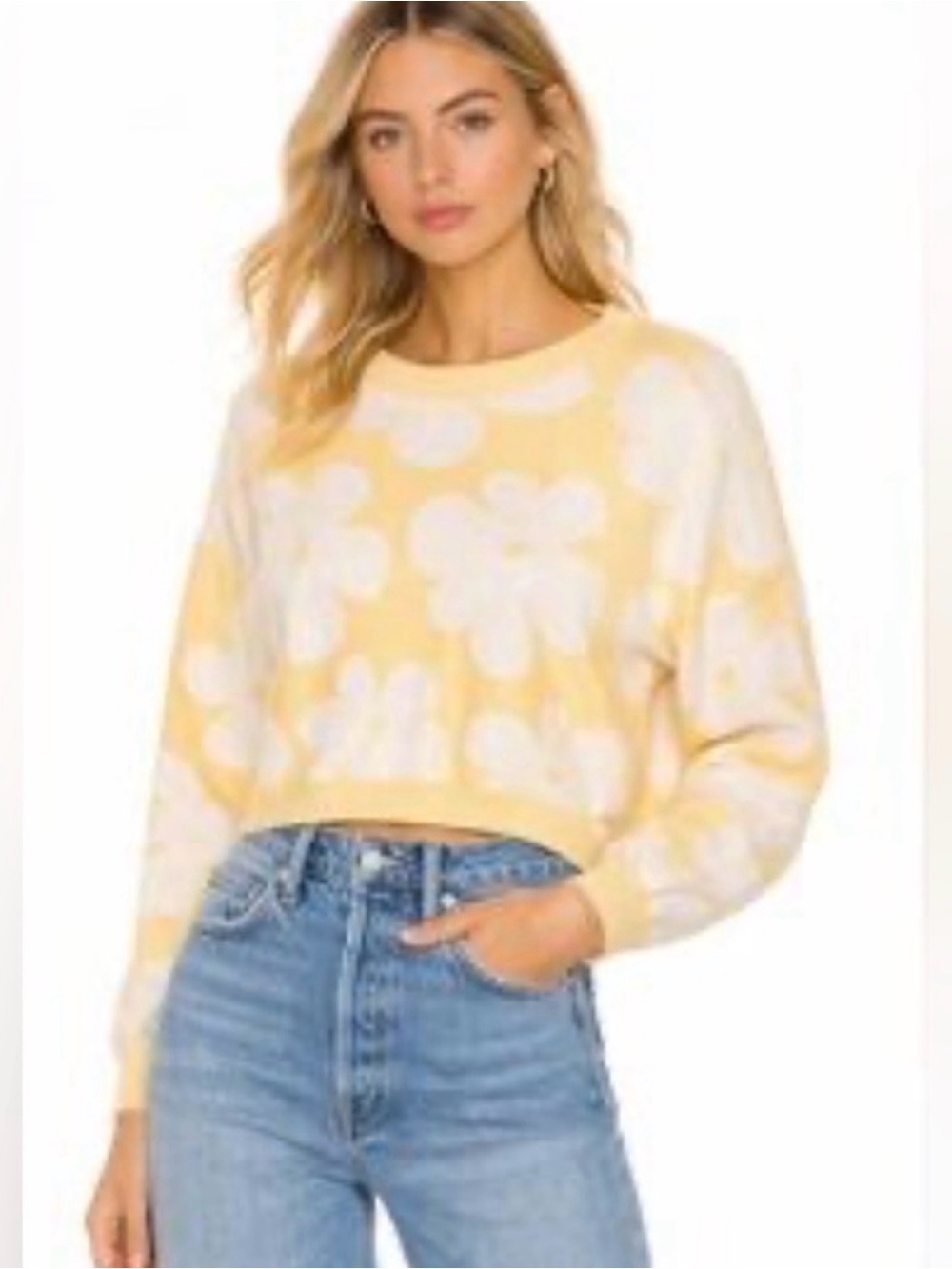 Anthropologie Luna Ivy Soft Yellow Floral Appliqué Crewneck Sweater M Cropped